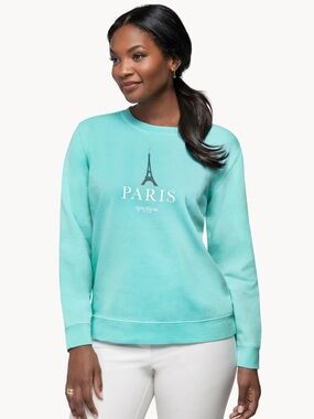 Spartina 449 Paris Graphic Sweatshirt Teal Blue Pullover Long Sleeve Crewneck